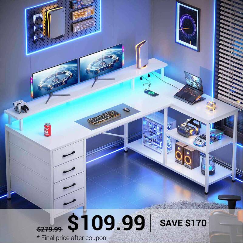 SEDETA 47.2 Inch L Shaped Desk with 4 Drawers and Storage Shelves L Shaped Gaming Desk with LED Lights Power Outlets White Ho...