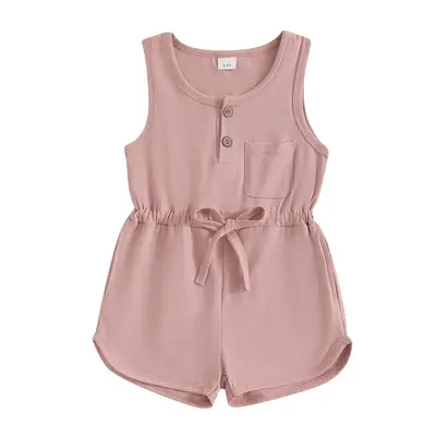 Litter Girls Summer Casual Jumpsuit Sleeveless Crewneck Solid Color Drawstring Tank Romper