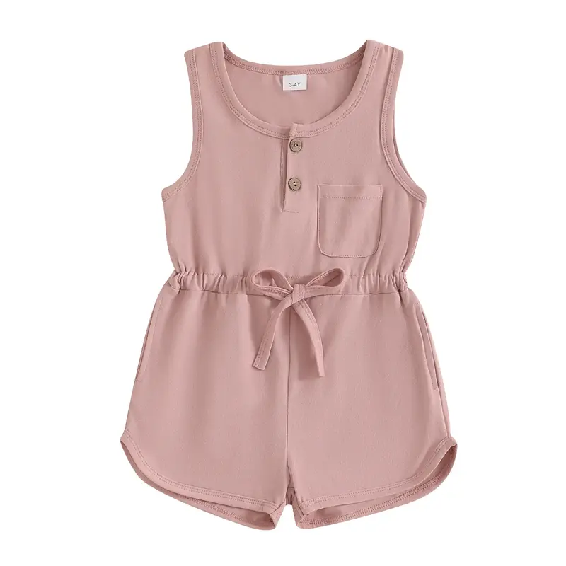 Litter Girls Summer Casual Jumpsuit Sleeveless Crewneck Solid Color Drawstring Tank Romper