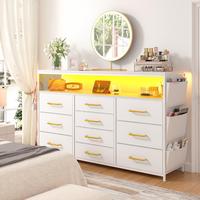 【FathersDayGift】RaybeeFurniture Dresser with 10 Drawers, LED Lights, Power Outlets, Wooden Top & Metal Frame for Bedrooms...