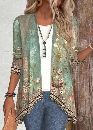 Modlily Sage Green Patchwork Floral Print Long Sleeve Light Cardigan - L
