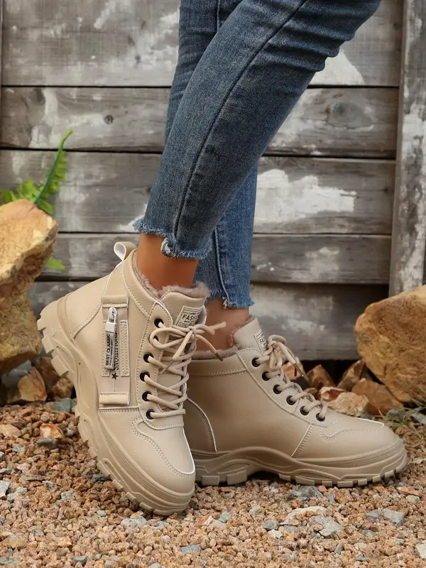 Women's Letter Pattern Thermal Lined Snow Boots, Casual Comfortable Lace Up Non-slip Warm Ankle  Footwear  for Winter, Female...