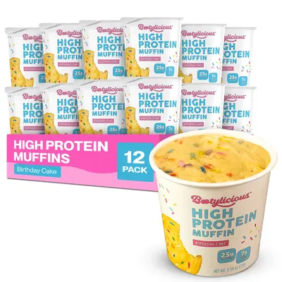 Bootylicious High Protein Muffins - Birthday Cake Flavor - 12 Pack - 25g Protein - Low Calorie & Sugar - Healthy Snack