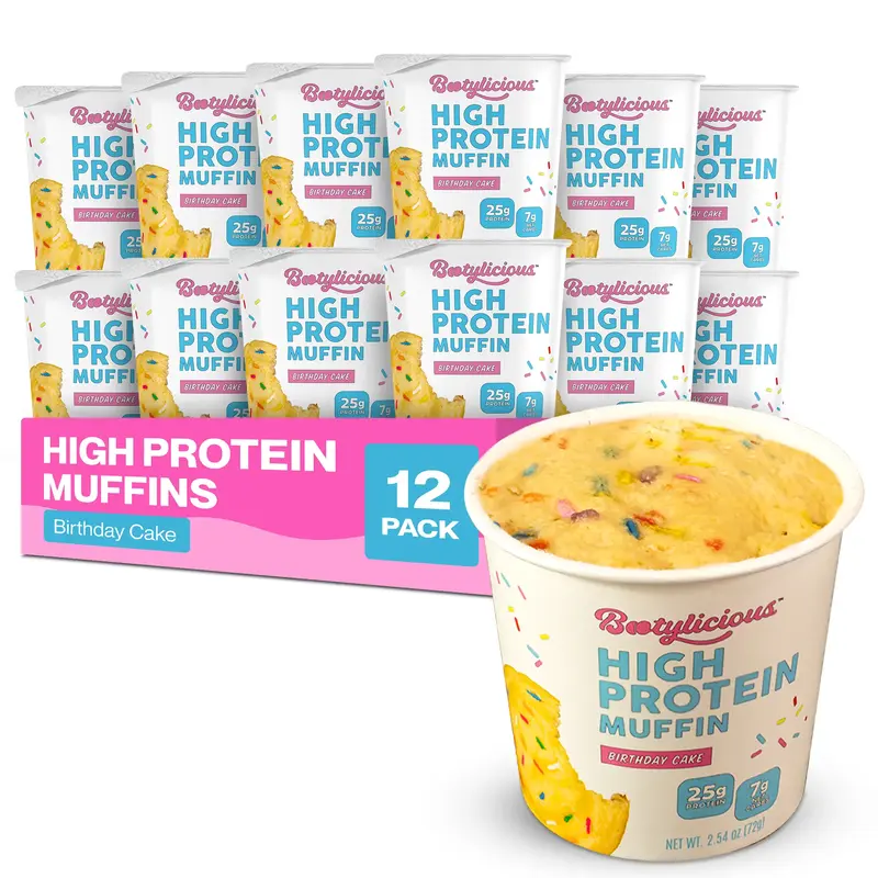 Bootylicious High Protein Muffins - Birthday Cake Flavor - 12 Pack - 25g Protein - Low Calorie & Sugar - Healthy Snack