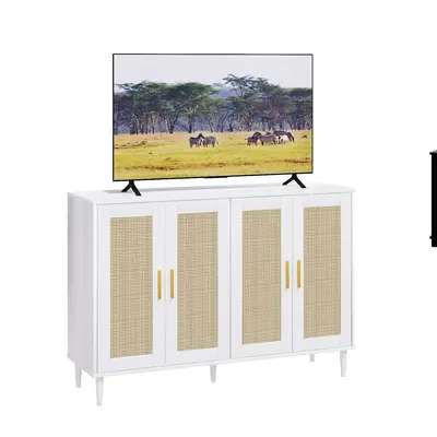 Furniture - Rattan Decorated Sideboard - Kitchen Buffet Cabinet with Storage , Coffee Bar Cabinet with Adjustable Shelves for...