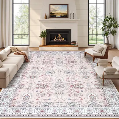 Garvee Area Rug 8x10 Vintage Oriental Rug for Living Room, Thin Washable Carpet with Non Slip Rubber Backing, Soft Non Sheddi...