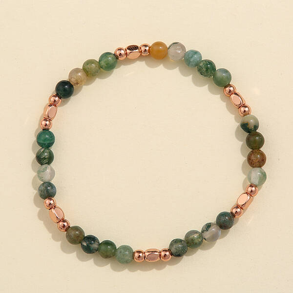 Natural Moss Agate & Brass Bead Stretch Bracelets for Women