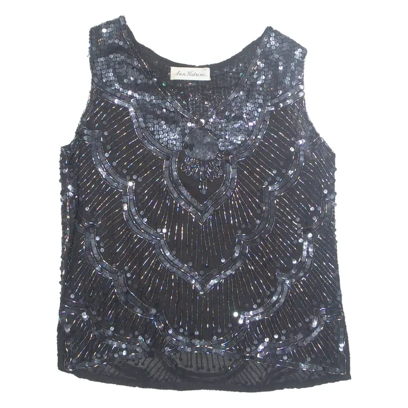 ANN KATRINE Beaded Sequin Womens Top Black V-Neck Sleeveless M