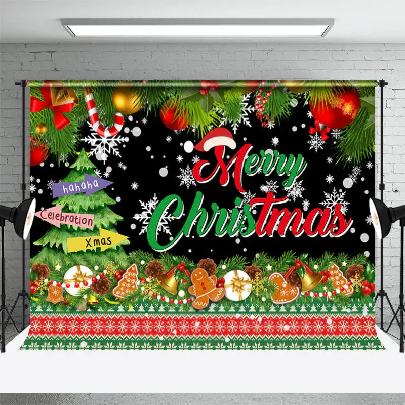 Green Xmas Tree Gingerbread Merry Christmas Backdrop - Aperturee