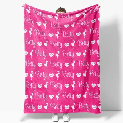 Pink Princess Heart Name Repeat Custom Blanket - Aperturee