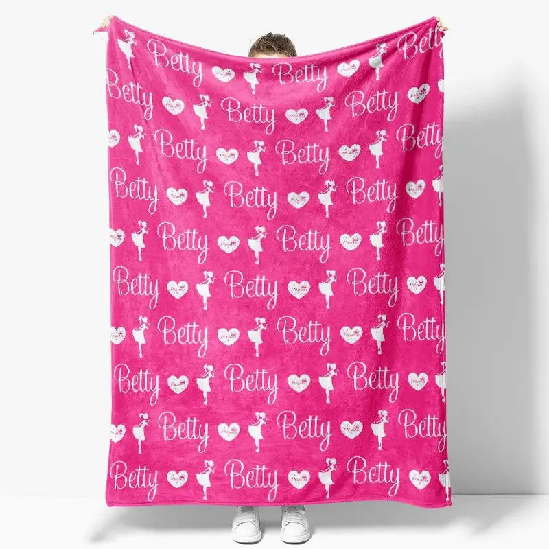 Pink Princess Heart Name Repeat Custom Blanket - Aperturee