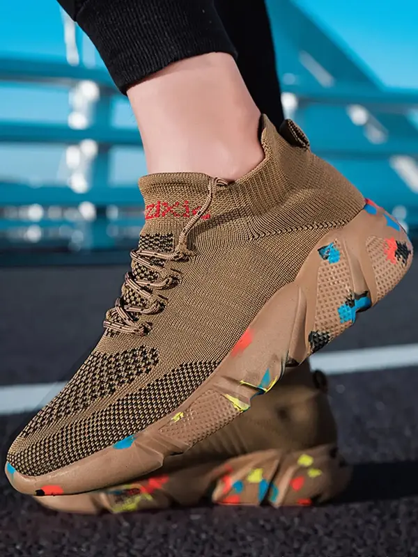 Men's Sporty Letter Print Lace Up Athletic Sneakers, Designer Shoes, Knitted Running Shoes, Sporty Athletic Training Trainer ...