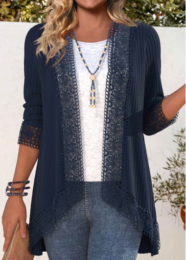 Modlily Navy Embroidery Long Sleeve Light Cardigan - XL