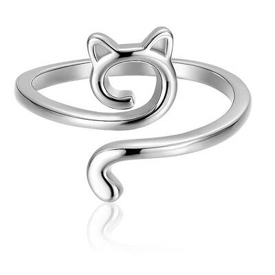 Rhodium Plated 925 Sterling Silver Cat Open Cuff Ring for Women