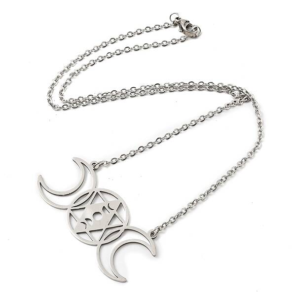 Non-Tarnish 201 Stainless Steel Triple Moon Goddess Pendant Necklace with Cable Chains