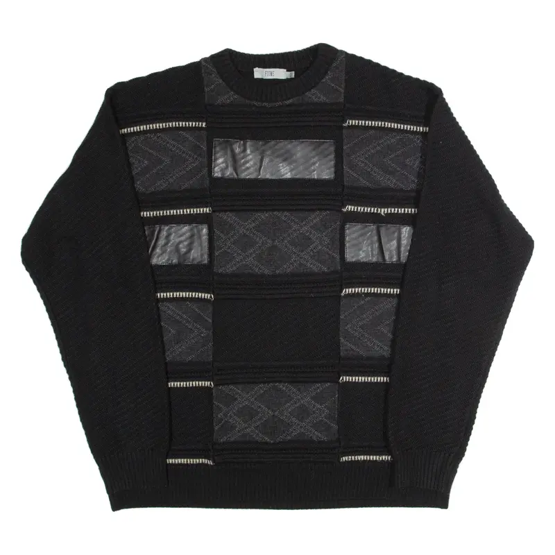 FIUME Mens Patterned Jumper Black Crazy Pattern Cable Knit XL