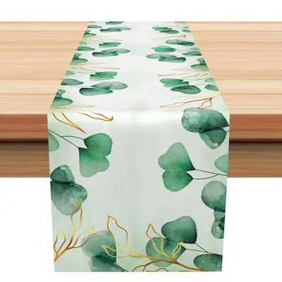 Green Leaves Gold Watercolor Fabric Table Runner - Aperturee