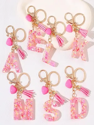 1pc Alphabet Initial Letter Stylish Keychain Accessories Cute Heart-shaped Resin Pendant with Key Ring Bag Backpack and Car K...