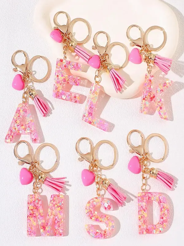 1pc Alphabet Initial Letter Stylish Keychain Accessories Cute Heart-shaped Resin Pendant with Key Ring Bag Backpack and Car K...