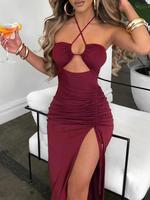 Women's Plain Split Thigh Drawstring Ruched Bodycon Side Slit Cami Dress, Elegant Cut Out Halter Neck Back To School Long Dre...