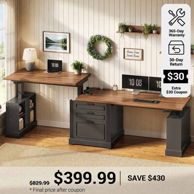 SEDETA | 98.4 Inch Electric Standing Desk Height Adjustable 2 Person Long Computer Desk Farmhouse with Power Outlets 3 Drawer...