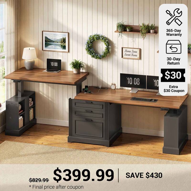 SEDETA | 98.4 Inch Electric Standing Desk Height Adjustable 2 Person Long Computer Desk Farmhouse with Power Outlets 3 Drawer...