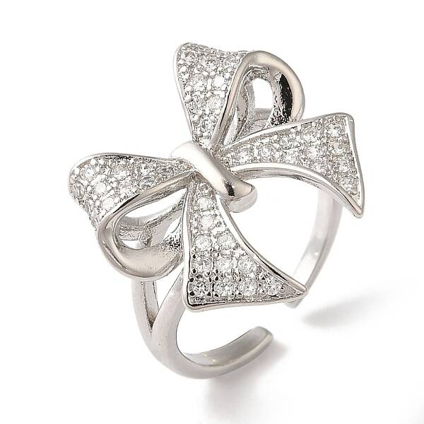 Bowknot Brass Micro Pave Clear Cubic Zirconia Open Cuff Rings for Women