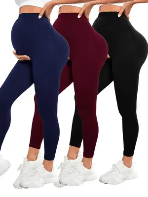 Maternity Solid High Waist Leggings, Maternity Yoga Pants, High Stretch Seamless Maternity Activewear for Pregnancy & Postpar...