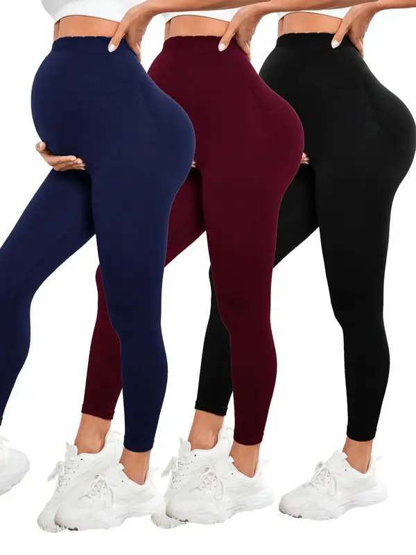 Maternity Solid High Waist Leggings, Maternity Yoga Pants, High Stretch Seamless Maternity Activewear for Pregnancy & Postpar...
