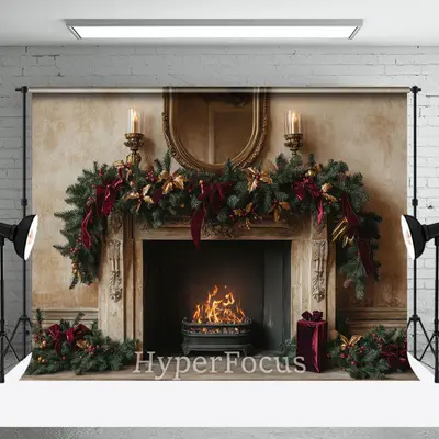 Beige Abstract Wall Fireplace Christmas Backdrop - Aperturee