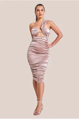 Goddiva Ring Detail One Shoulder Ruched Midi - Champagne