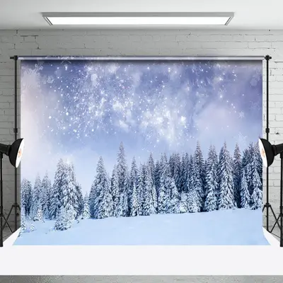 Fireworks Snow Scene Pine Forest Photography Backdrop - Aperturee