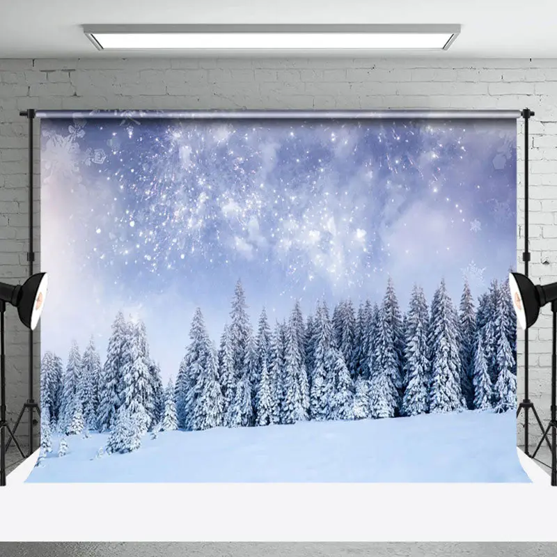 Fireworks Snow Scene Pine Forest Photography Backdrop - Aperturee