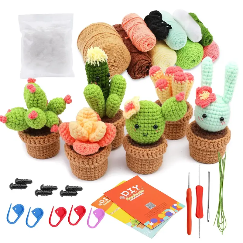 Succulent Potted Plant Crochet Kit, 6 Counts Cute Crochet Starter Kit with Tools & Video Instruction, DIY Handcraft Knitting ...