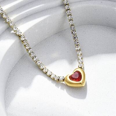 304 Stainless Steel Red & Clear Cubic Zirconia Heart Pendant Necklaces for Women