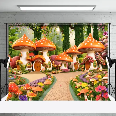 Storybrooke Mushroom House Path Floral Spring Backdrop - Aperturee