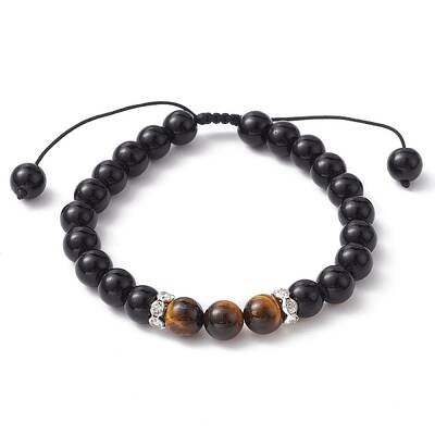 Natural Black Stone & Tiger Eye Round Braided Bead Bracelets