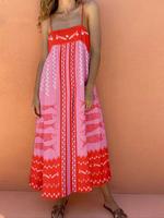 Women's Colorblock Fish & Floral Print Cami Dress, Boho Sleeveless Adjustable Spaghetti Strap Long Dress for Beach Holiday Va...