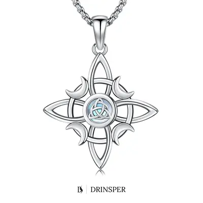 DRINSPER S925 Witch‘s Knot Necklace with Moonstone Celtic Knot 925 Sterling Silver Witches Knot Pendant Wicca Moon Irish Ce...