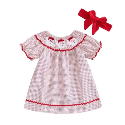 Canrulo Toddler Baby Girl Christmas Outfit Short Sleeve Santa Claus Embroidery Smocked Dress Xmas Princess Dress Headband Set
