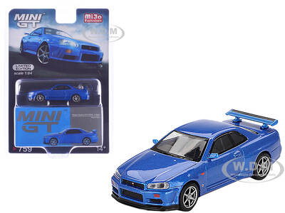 Nissan Skyline GT-R (R34) V-Spec RHD (Right Hand Drive) Bayside Blue Metallic Limited Edition 1/64 Diecast Model Car by Mini ...