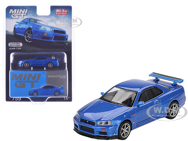 Nissan Skyline GT-R (R34) V-Spec RHD (Right Hand Drive) Bayside Blue Metallic Limited Edition 1/64 Diecast Model Car by Mini ...
