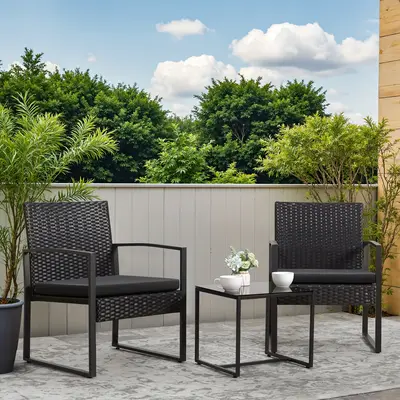 3 Pieces Patio Bistro Set, Wicker Outdoor Patio Furniture Set, Modern Rattan Patio Chairs With Coffee Table, Patio Conversati...