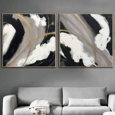 Large Gray Painting Black And White Artwork Set Of Two Modern Paintings On Canvas Original Abstract Art Modern Wall Decor | V...