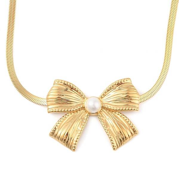 304 Stainless Steel Shell Pearl Flat Snake Chain Bowknot Pendant Necklaces
