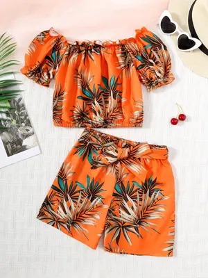 Girl's All Over Plants Print Off Shoulder Crop Top & Elastic Waist Shorts & Belt Set, Casual Puff Sleeve Top & Shorts for Dai...