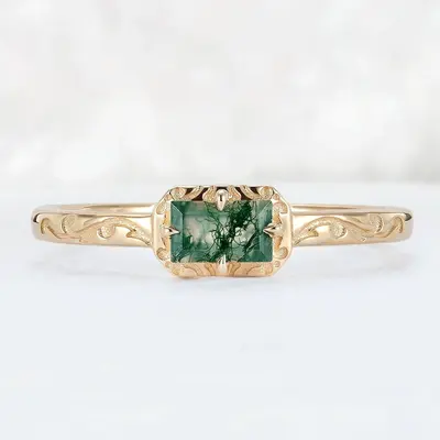 Sterling Silver with Yellow Gold Plated Emerald Cut Moss Agate Wedding Ring