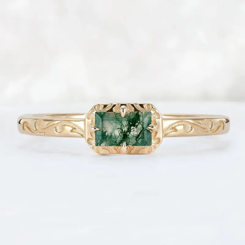 Sterling Silver with Yellow Gold Plated Emerald Cut Moss Agate Wedding Ring