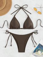 Women's Solid Color Beaded Bikini Set, Casual Tie Back Triangle Swim Bra & Tie Side Swim Bottom, Swimsuit Set for Summer