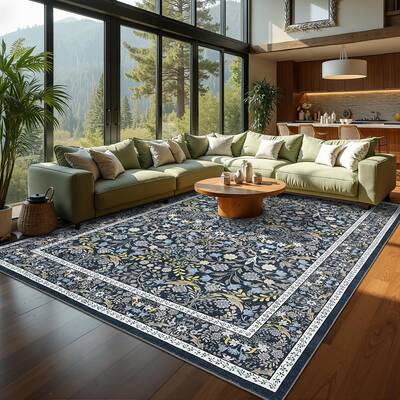 Garvee Floral 8x10 Area Rug Vintage Boho Washable Non-Slip Low Pile Faux Wool Stain-Resistant Kid & Pet Friendly Living Room ...